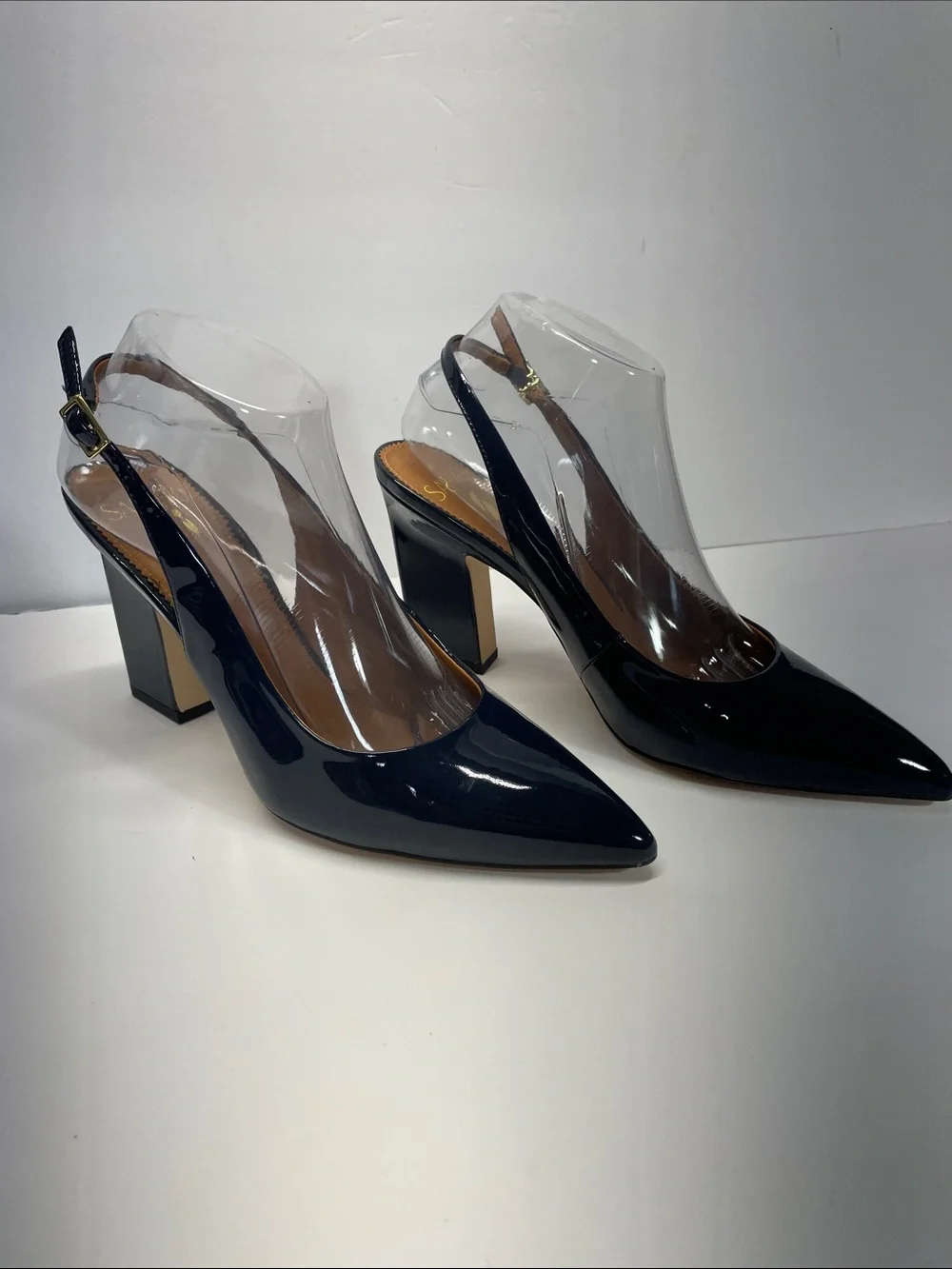 Sarto Glossy Navy dark blue Pointed Slingback Block Heels